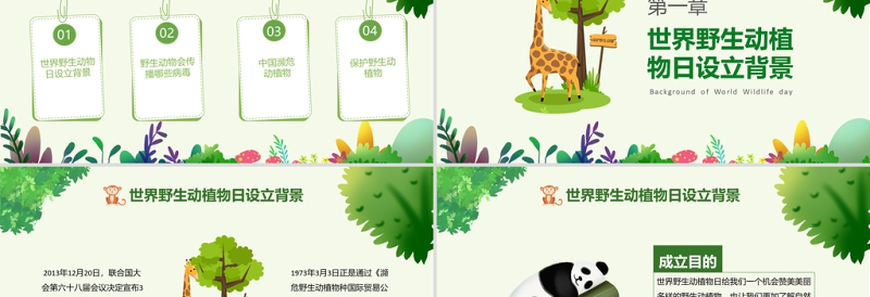 精美时尚世界动物日PPT绿色卡通风关爱生命保护野生动物节日介绍通用模板