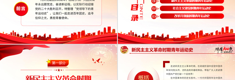 精美时尚党领导的青年运动史PPT红色党建风中国共青团成立100周年弘扬五四精神挥洒热血青春专题团课