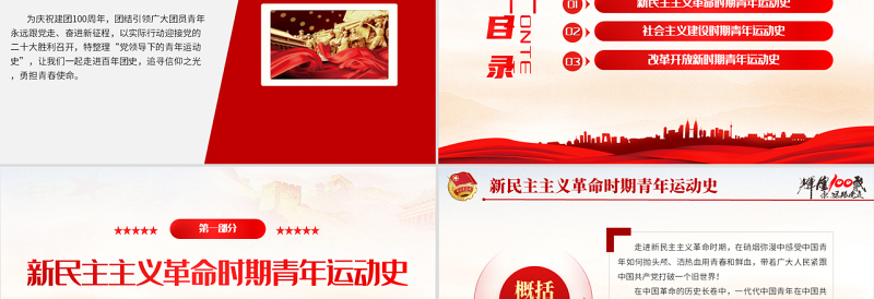 红色质感中国青年运动史PPT红色党建风中国共青团成立100周年弘扬五四精神挥洒热血青春专题团课