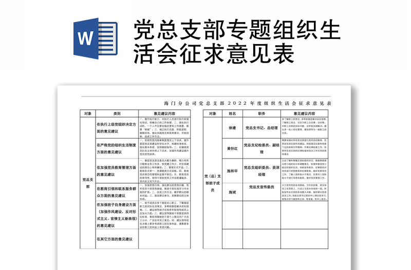 精品党总支部专题组织生活会征求意见表