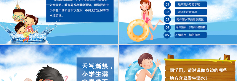 精美卡通小学生安全教育游泳防溺水讲座PPT
