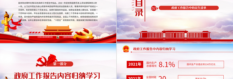 红色精品政府工作报告中的民生清单PPT学习贯彻2022全国两会精神政府工作报告解读党课课件