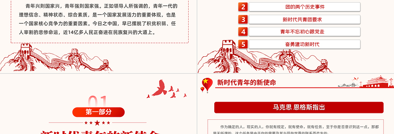 简洁大气弘扬五四精神争做合格团员PPT红色党政风不忘初心跟党走青年建功新时代主题团日活动课件模板