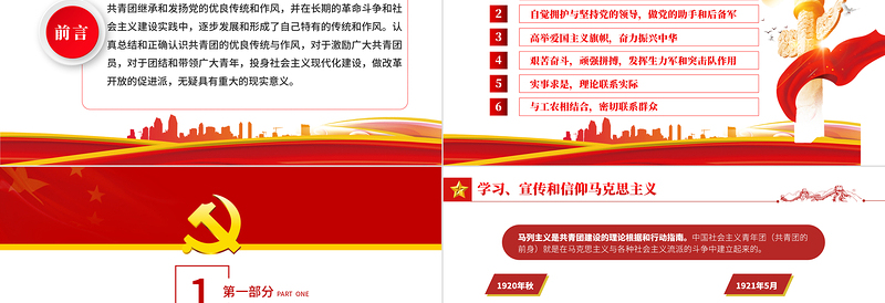 红色精品共青团的优良传统与作风PPT共青团团委团支部团员学习团课课件模板