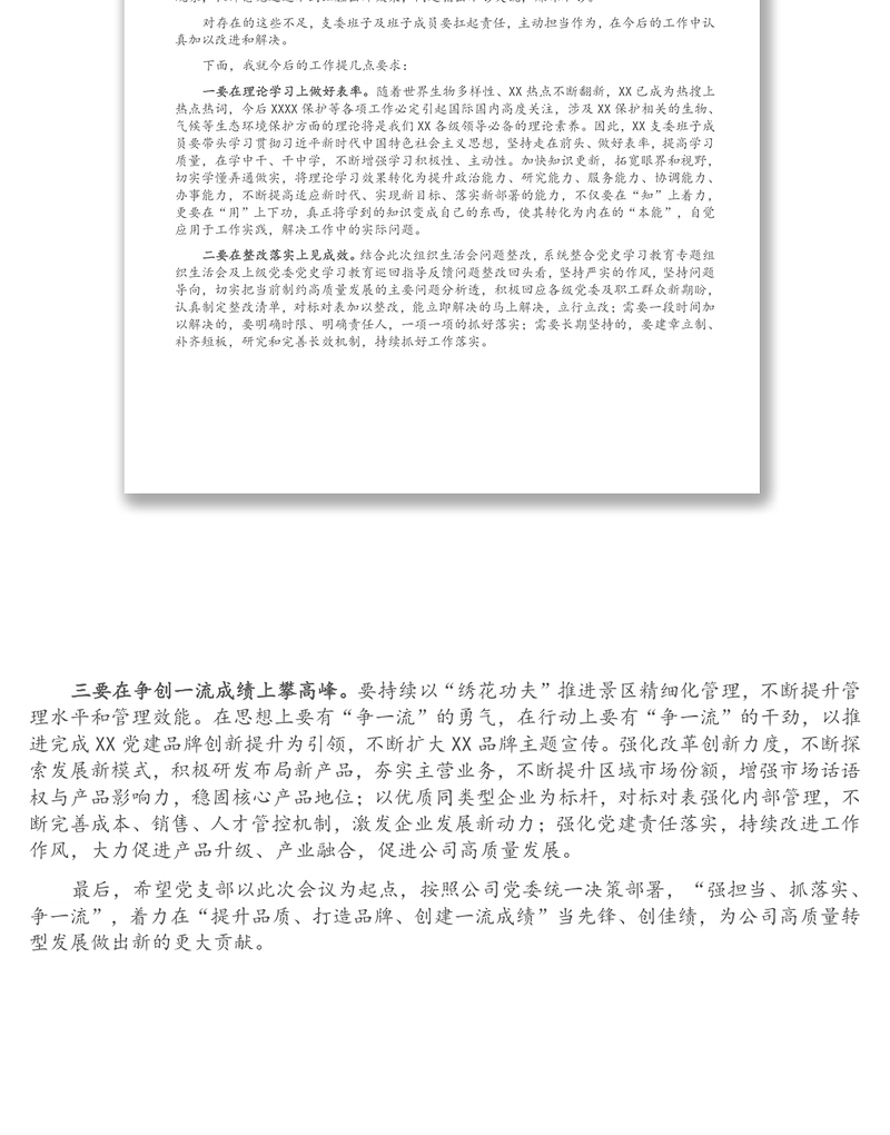 优秀国企上级党委对党支部组织生活会的点评意见