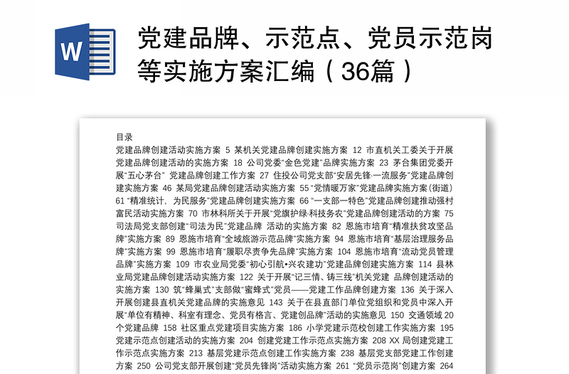 实用党建品牌、示范点、党员示范岗等实施方案汇编(36篇)
