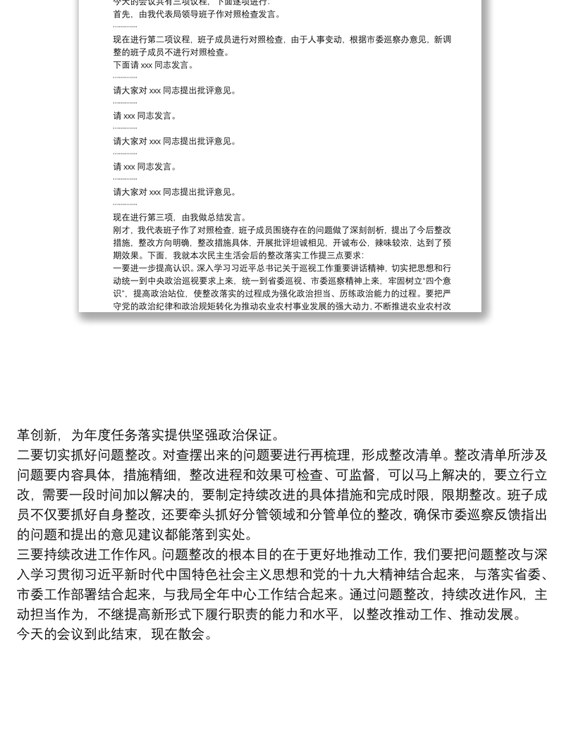 精品X局落实市委巡察反馈意见整改专题民主生活会主持词