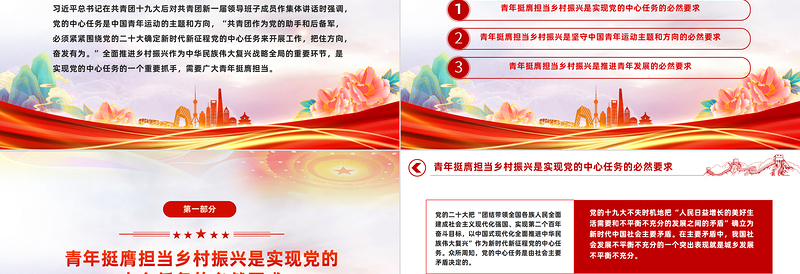 红色渐变全面推进乡村振兴需要新时代青年挺膺担当PPT精美时尚乡村振兴青春建功微党课下载