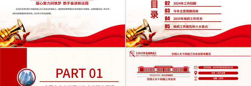 简洁大气政府工作报告要点速览PPT两会精神解读课件