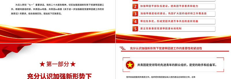 党建带团建事业薪火传PPT红色党建风关于进一步加强基层党建带团建工作的实施意见党课课件