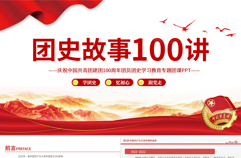 红色简洁1919-2022团史故事100讲PPT庆祝中国共青团建团100周年团史学习教育专题团课