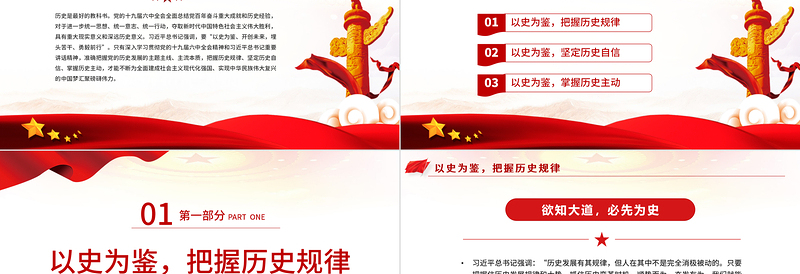 优秀深刻认识和把握“以史为鉴、开创未来”的深厚意蕴PPT红色大气风党的十九届六中全会全面总结党百年奋斗重大成就和历史经验专题党课课件 “以史为鉴、开创未来” 党的十九届六中全会 党百年奋斗重大成就和历史经验