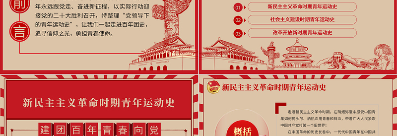 大气精美中国青年运动史PPT红色复古风建团百年青春向党弘扬五四精神挥洒热血青春专题团课