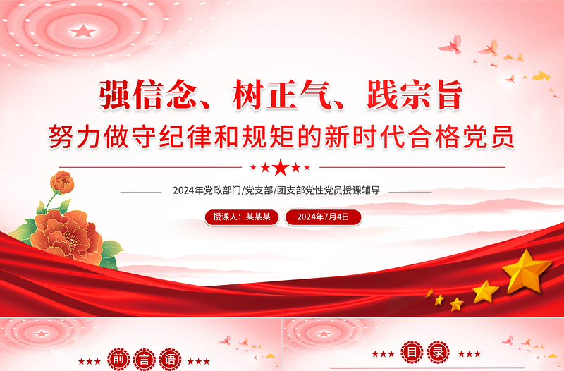 大气时尚强信念树正气践宗旨之努力做守纪律和规矩的新时代合格党员PPT