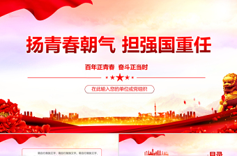 简洁实用扬青春朝气担强国重任PPT红色简约风党建主题党课课件模板