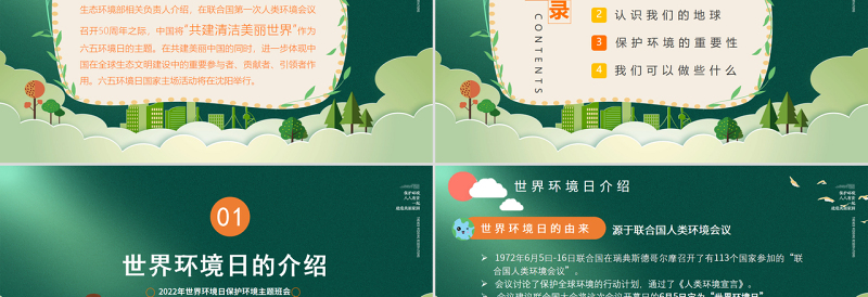 大气简洁绿色简约世界环境日植树造林共建美好家园PPT课件
