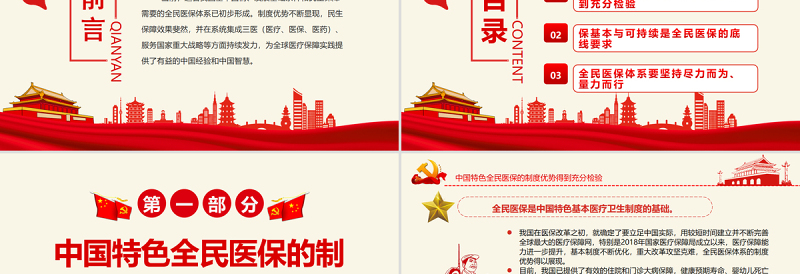 大气简洁坚持走中国特色全民医保之路PPT党政风学习全民医保体系专题课件模板