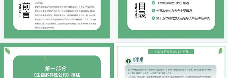 大气简洁绿色清新生物多样性公约第十五次缔约方大会讲话精神解读党课PPT