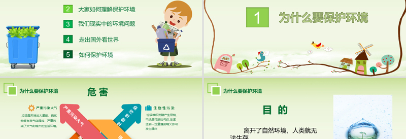 精美时尚绿色环保卡通清新环境保护爱护家园主题班会课件讲座PPT