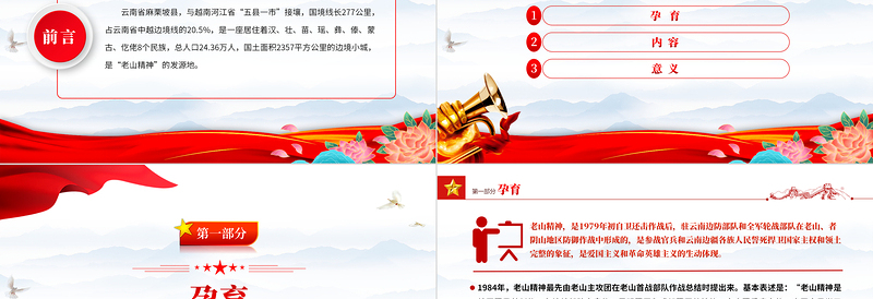 红色精美弘扬老山精神PPT简洁党建风唤起人民群众的忧患意识增强各民族的凝聚力党员学习党课课件