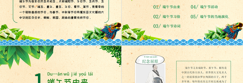 红色质感端午节节日介绍PPT绿色清新节日来源习俗介绍课件