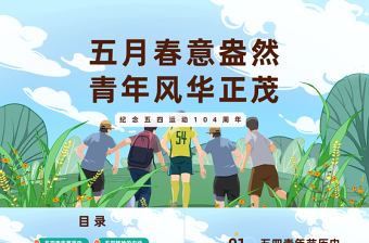 五月春意盎然青年风华正茂PPT卡通风风纪念五四运动104周年主题班会课件模板