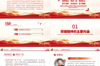 红色庄严劳模精神PPT建党100周年中国精神谱系爱岗敬业争创一流艰苦奋斗勇于创新淡泊名利甘于奉献专题党课