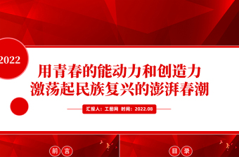 用青春的能动力和创造力激荡起民族复兴的澎湃春潮PPT红色大气风青年微党课课件模板